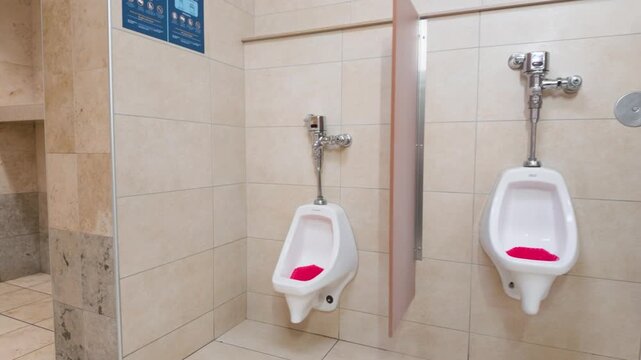 Empty Public Men Restroom with Ceramic Urinals and Privacy Dividers