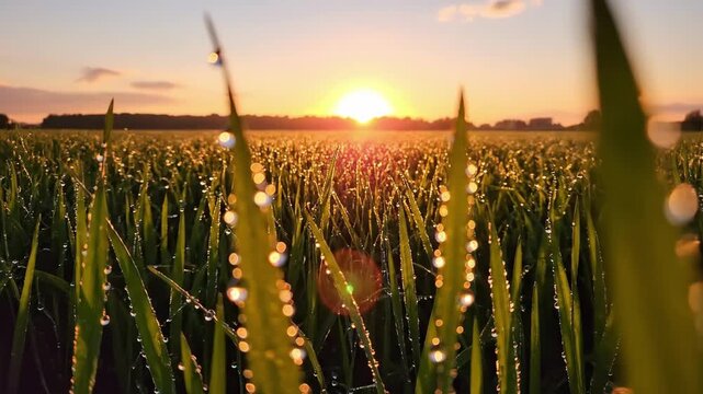 Slow motion pan of dew covered grass blades swaying and glistening at sunrise over farmland meadow horizon