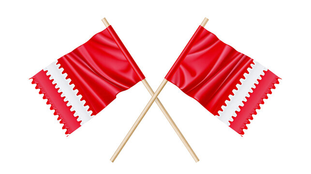 Isolated pair of Bahrain national flags crossed on wooden poles with iconic red and white design