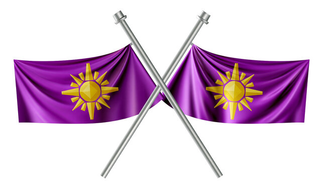 Isolated two crossed purple flags with a golden sun emblem, elegant patriotic banner design