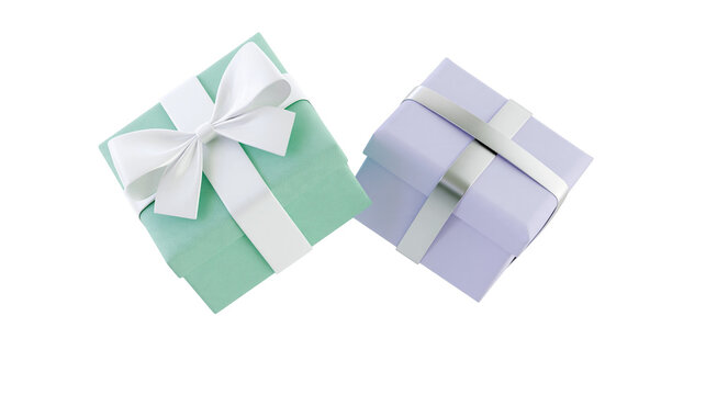 Isolated elegant square gift boxes, one mint green with white bow, one lavender with silver ribbon