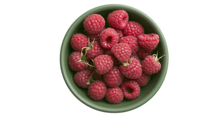 Isolated fresh ripe red raspberries overflowing in a vibrant green bowl, healthy sweet fruit. © Niamh