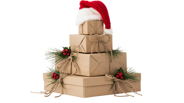 Isolated stack of charming Christmas gift boxes with Santa hat, holly, and pine needles