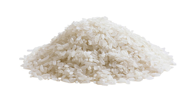 Isolated uncooked white rice grains in a pile, a staple food ingredient for various cuisines