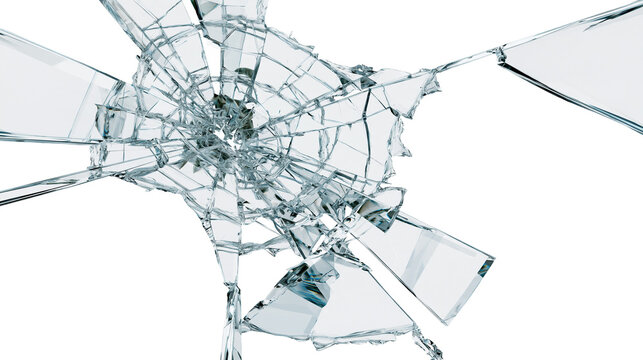 Isolated shattered glass with numerous sharp fragments creating a dynamic destruction effect