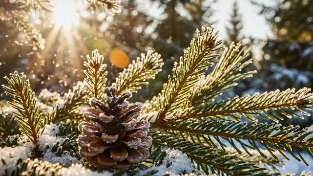 Slow motion close up of pine cone dusted with snow on evergreen branch in sunlit winter forest with falling snowflakes at sunrise