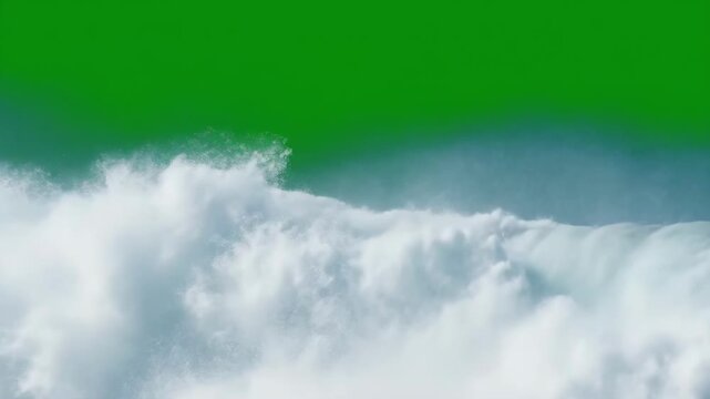 Slow motion tracking view of ocean wave breaking and crashing offshore against green screen background