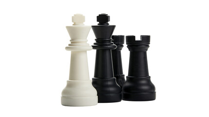 Isolated white and black plastic chess kings and rook standing together for a strategic concept. © Saoirse