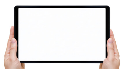 Isolated hands holding black tablet with blank screen above black bar displaying B (121) © Saoirse