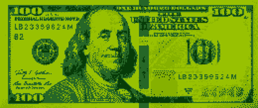 100 dollar bill pixel art.Retro game style money