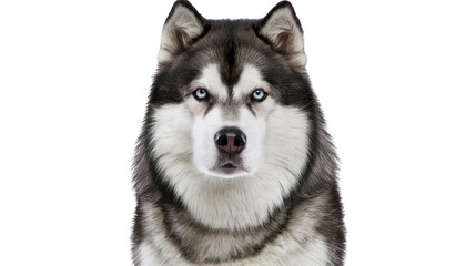 Isolated young purebred Siberian Husky dog with thick fur and blue eyes looking at camera © Saoirse