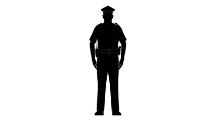 Isolated police officer silhouette with B (445) text on a black bar beneath figure. © Saoirse