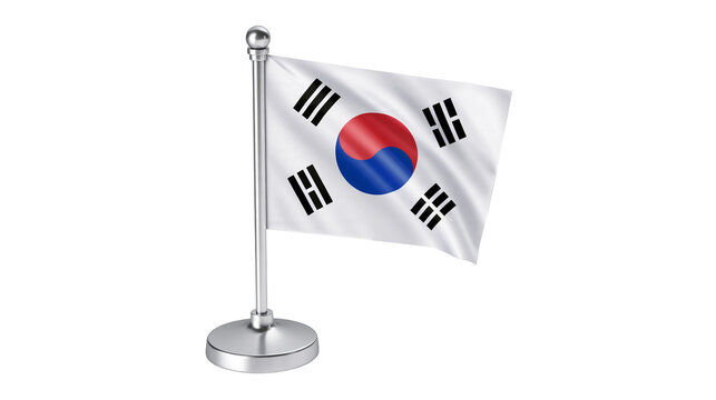 Isolated South Korea flag miniature waving proudly on a sleek silver stand display.