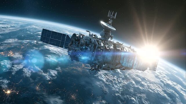 Space satellite with communication antenna and solar panels orbiting above Earth, blue planet with clouds and glowing atmosphere, deep space background, satellite