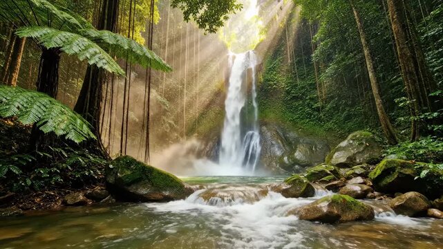 Slow motion tracking shot of waterfall cascading into forest pool with sun rays filtering through canopy