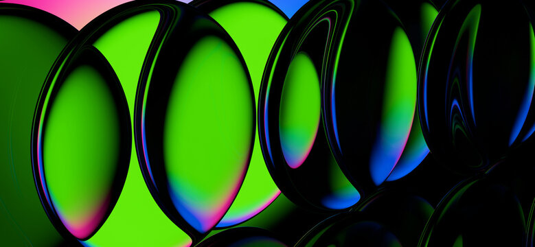 Elongated 3D glass lenses glowing emerald