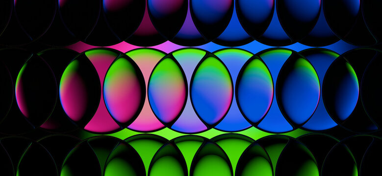 Panoramic band of 3D lenses in neon RGB light