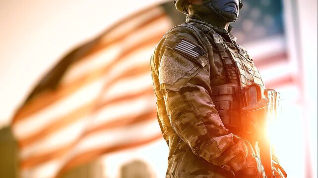 Veterans Day tribute featuring a proud United States Army soldier standing at attention in a modern military uniform and tactical gear, American patriotism, military service, honoring veteran