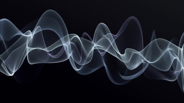 Abstract digital smoke drifts on isolated black. White translucent waves flow with soft glow and silky transparent layers. Fine line ribbons curve into silver peaks, futuristic 4K seamless loop.