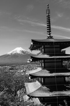 Chureito Pagoda and Mt Fuji in black and white, Japan