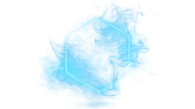 Geometric hexagon smoke frame with electric neon blue royal blue and cyan glow on transparent background