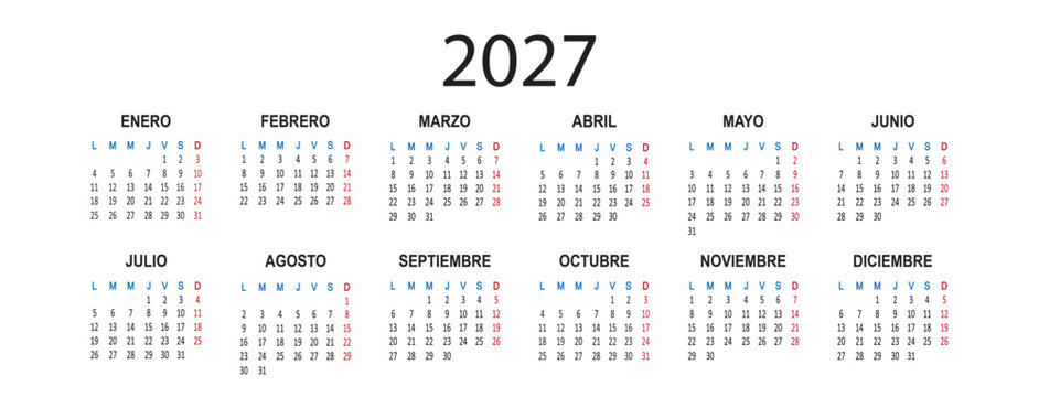 Spanish calendar 2026 year. Week starts on Monday. Vector illustration on white background