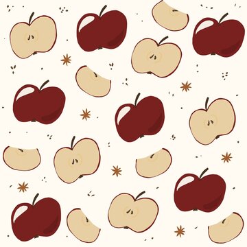 Red apples and half apple seamless pattern with star anise. Autumn and winter cozy background