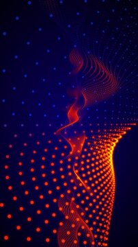 Orange and blue particle waves twist into a fiery vortex. Glowing dot grid flows beside bokeh circles, starry gradient. Vertical mobile video, 4K loop.