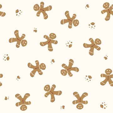 Cute gingerbread man seamless pattern with cookie crumbs. Christmas holiday baking background