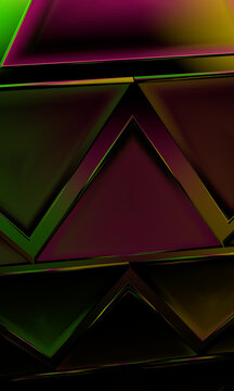 Dark 3D triangle panels with violet and moss edges