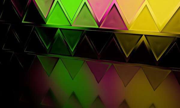 Low-angle 3D triangle relief under colored spotlights