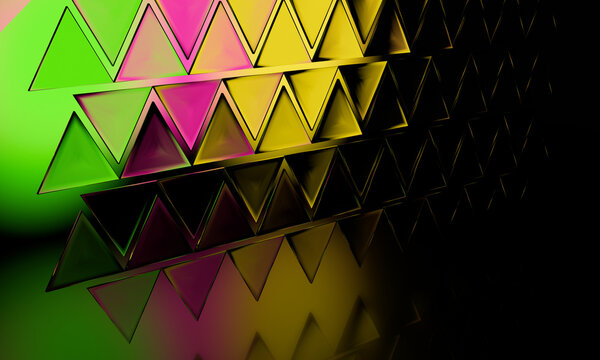 Sloping 3D glass triangle rows lit in lime and pink