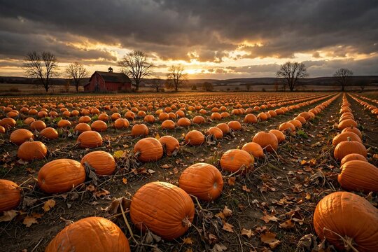 Pumpkin patch field at dusk with rows of glowing pumpkins