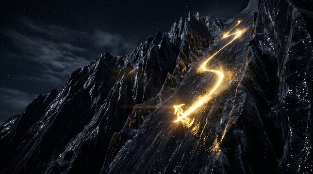 A glowing golden snowboarder carves fearlessly down a dark jagged ice mountain, symbolizing World Snowboard Day and agile bear market navigation.