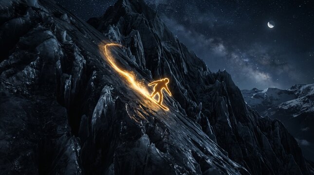 A glowing golden snowboarder carves fearlessly down a dark jagged ice mountain, symbolizing World Snowboard Day and agile bear market navigation.