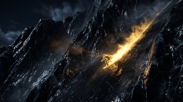 A glowing golden snowboarder carves fearlessly down a dark jagged ice mountain, symbolizing World Snowboard Day and agile bear market navigation.