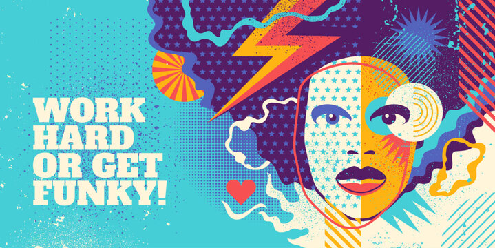 A retro style background featuring a pop art woman with afro hair, fluid shapes, grungy textures, and a motivational quote. Vector illustration.