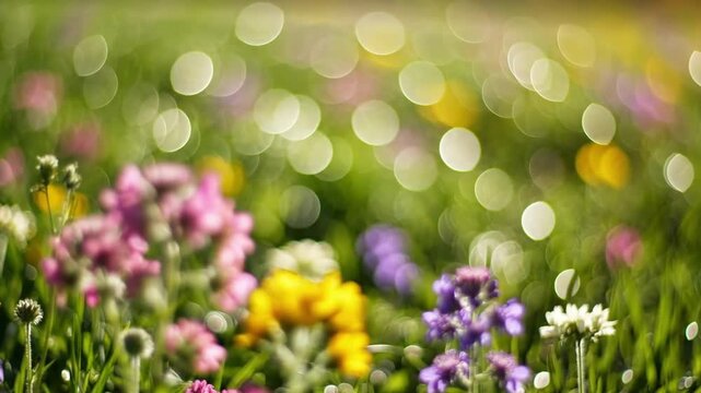 Slow motion pan across wildflowers swaying in sunlit meadow with circular bokeh highlights