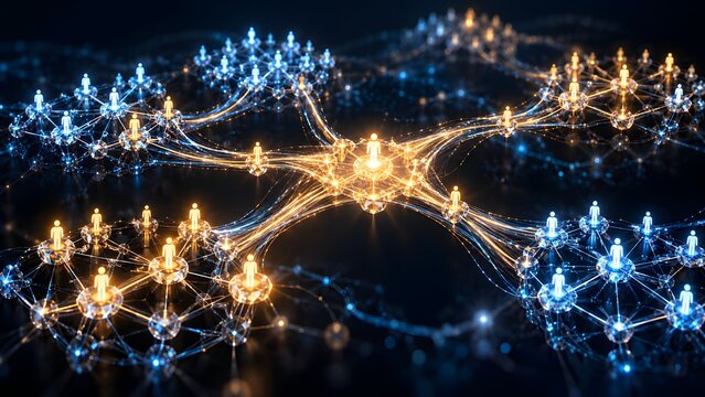 Futuristic glowing digital network nodes with human silhouettes connected by luminous lines illustrating global communication virtual teamwork and corporate hierarchy.