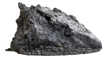 Isolated dramatic dark rock formation with a rugged, craggy surface and scattered debris. © Oisin