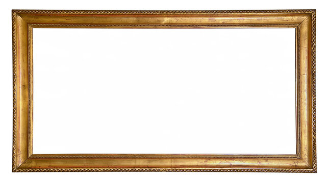 Isolated empty rectangular gold picture frame with classic ornate textured design
