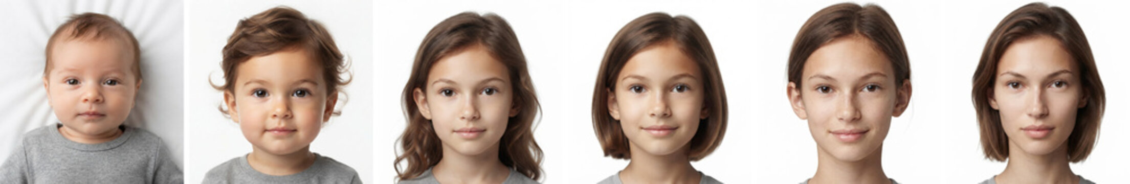 Aging process from infancy to adulthood shown in studio portraits of a growing female on white, capturing human development for healthcare, genetics, and education projects