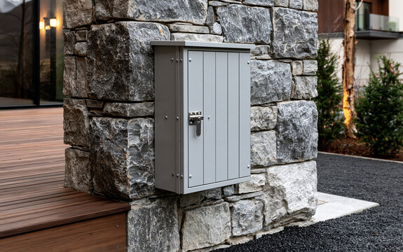 Grey electrical box mounted on textured stone wall. Outdoor utility junction box with metal latch on granite facade. 