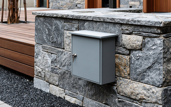 Grey electrical box mounted on textured stone wall. Outdoor utility junction box with metal latch on granite facade. 