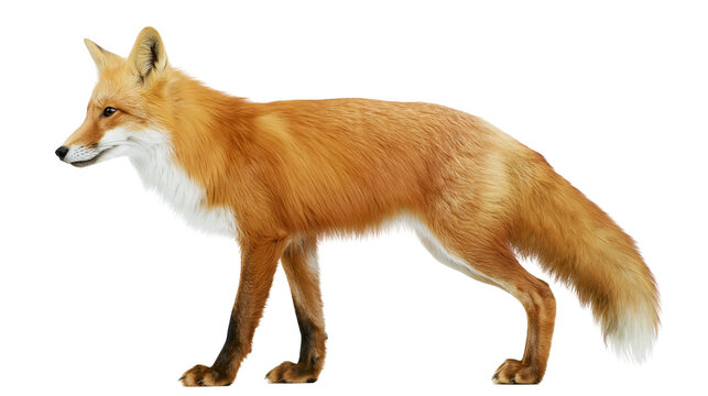 Isolated charming adult red fox standing calmly in profile view, a majestic wild creature