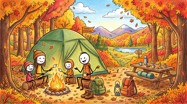 fall camping family adventure, autumn season outdoor activity, colorful illustration