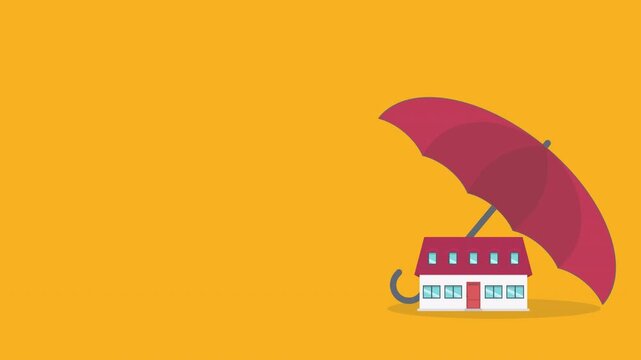 Home insurance concept. House protected with umbrella, modern cottage and paper agreement. Warranty and protection symbol.