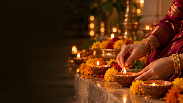 Indian woman hands lighting clay diyas with marigold flowers during Diwali festival celebration with copy space