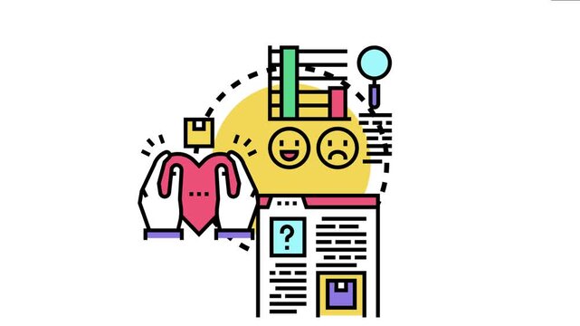 Post marketing evaluation depicting hands holding a heart, alongside customer sentiment faces, data charts, and research documents, symbolizing product analysis and feedback