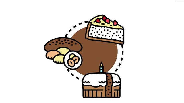 Vector presenting a variety of sweet treats, including a cheesecake slice, nuts, and a celebratory cake with a candle, symbolizing after dinner indulgence and enjoyment
